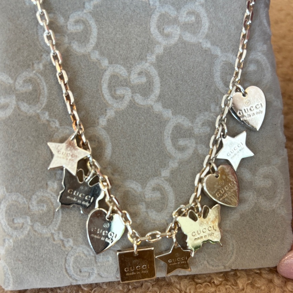 Gucci Silver Multi Charm Necklace with Hearts, Stars & Tag Charms - Picture 2 of 8
